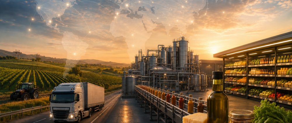 Vineyard, haulage, a bottling line and supermarket shelves composited over a world map