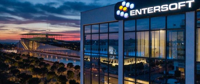The Entersoft headquarters building in Athens at dusk
