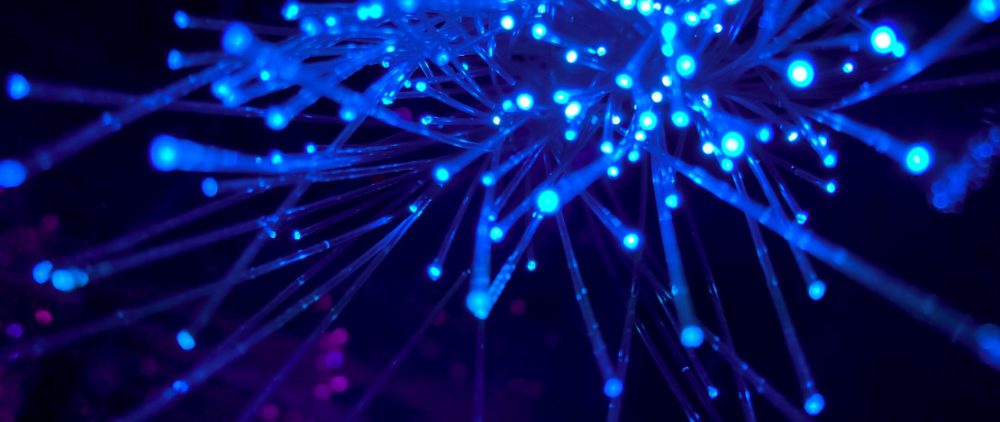 Fibre-optic strands glowing blue against a dark background