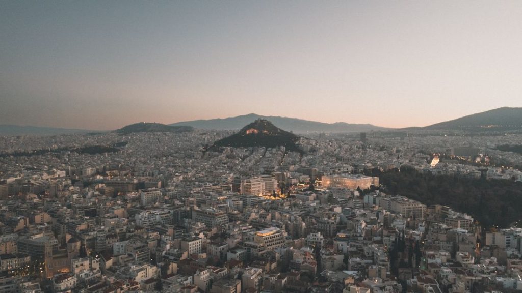 Aerial view of the Athens cityscape at twilight